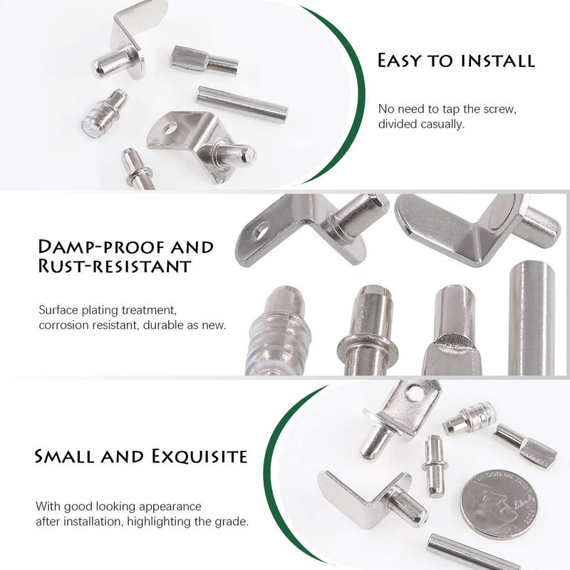 Keadic 156Pcs 5mm Nickel Plated Shelf Pegs Shelves Pins Kit, 5 Styles Shelf Pegs Kit, Cabinet Furniture Shelf Pins Support Bracket Pegs with Plastic Caps for Kitchen Cabinet Bookcase - Image 3